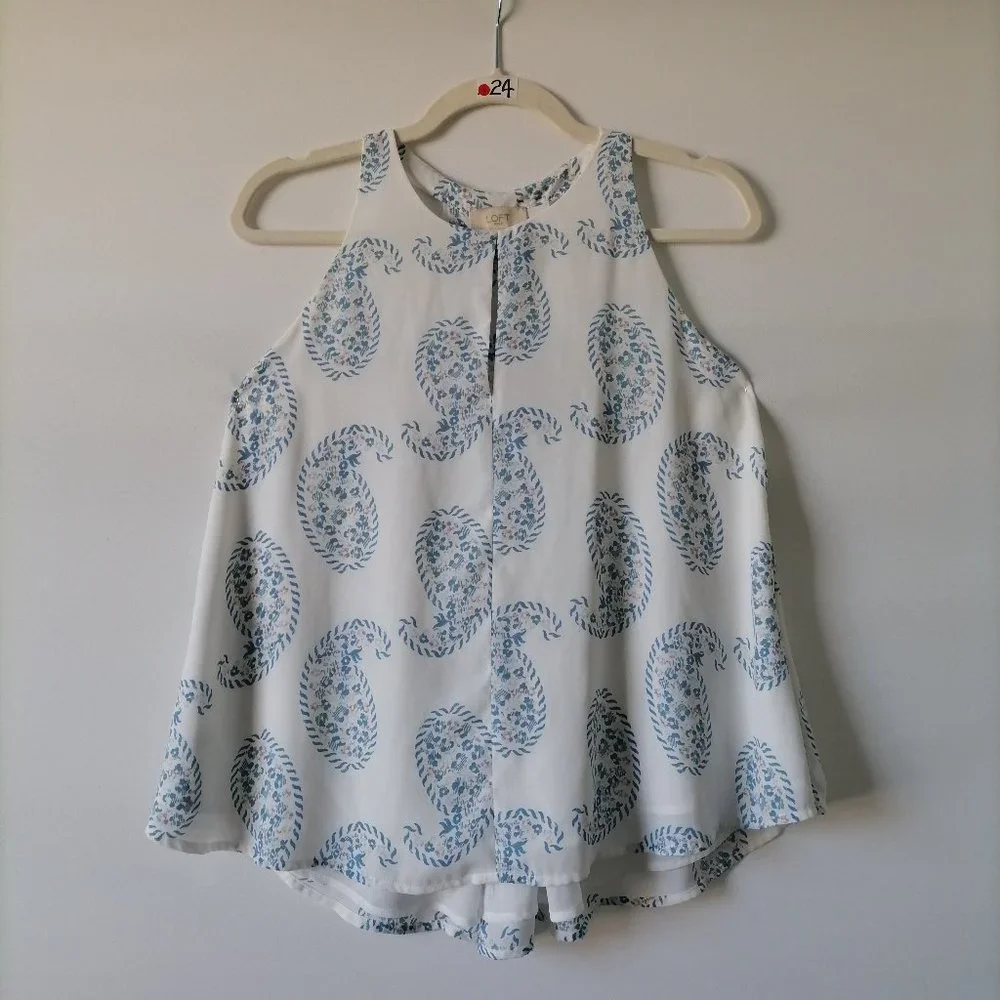 Loft Women White Sleeveless Round Neck Front Keyhole Paisley Print Top Size XS